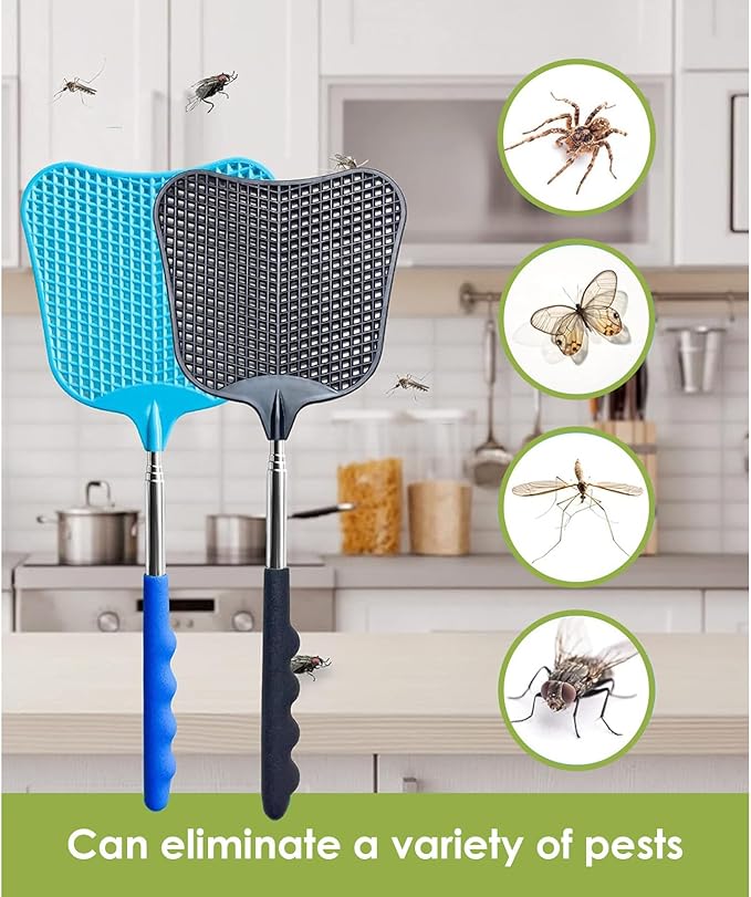 Fly Swatter Heavy Duty Set, with Durable Telescopic Stainless Steel Extendable Handles, for Home, Classroom, Indoor Outdoor Office, 2Pcs, Black