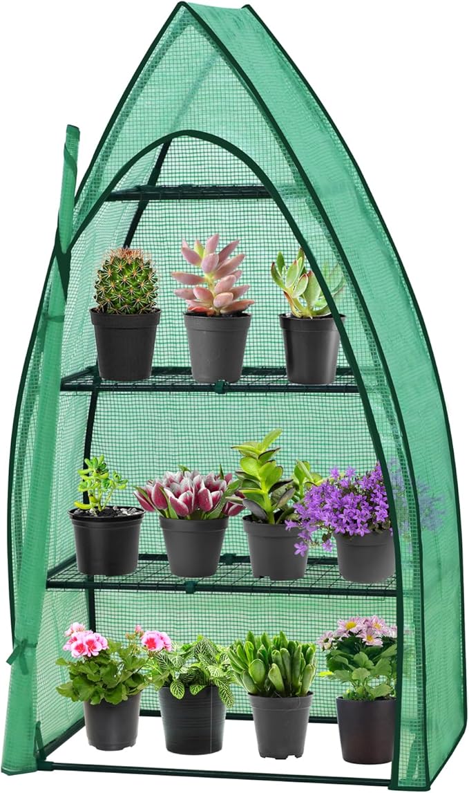 EAGLE PEAK Mini Greenhouse with Wire Shelves, Portable Indoor & Outdoor Green House with Roll-Up Zipper Door, 4 Tier, 35.4”x17.7”x63.0”, Clear/Green PE Cover