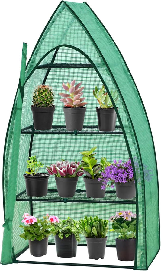 EAGLE PEAK Mini Greenhouse with Wire Shelves, Portable Indoor & Outdoor Green House with Roll-Up Zipper Door, 4 Tier, 35.4”x17.7”x63.0”, Clear/Green PE Cover