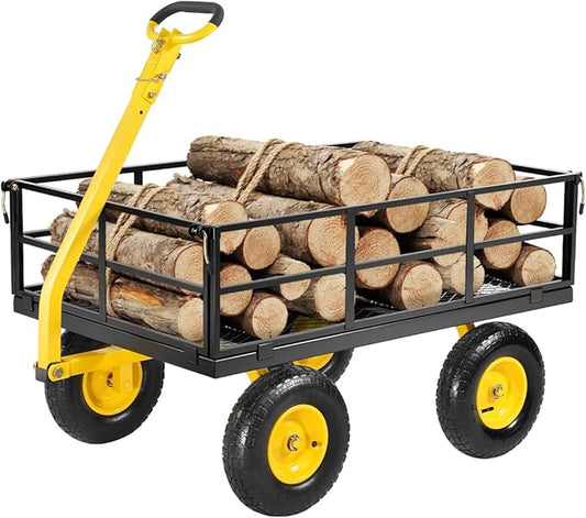 VEVOR 1200 Lbs Steel Garden Cart, Heavy Duty Pullable Garden Wagon Yard Cart, 2 in 1 Outdoor Metal Utility Wagon Yard Trailer with 13" All Terrain Tires, Mesh Removable Sides and 180°Rotating Handle