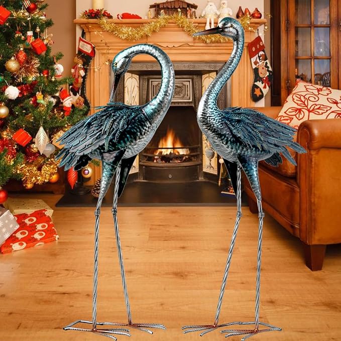 Kircust Garden Crane Statue for Outdoor, Blue Heron Decoy Garden Sculptures and Statues, Metal Bird Yard Art for Lawn Patio Decor, Set of 2