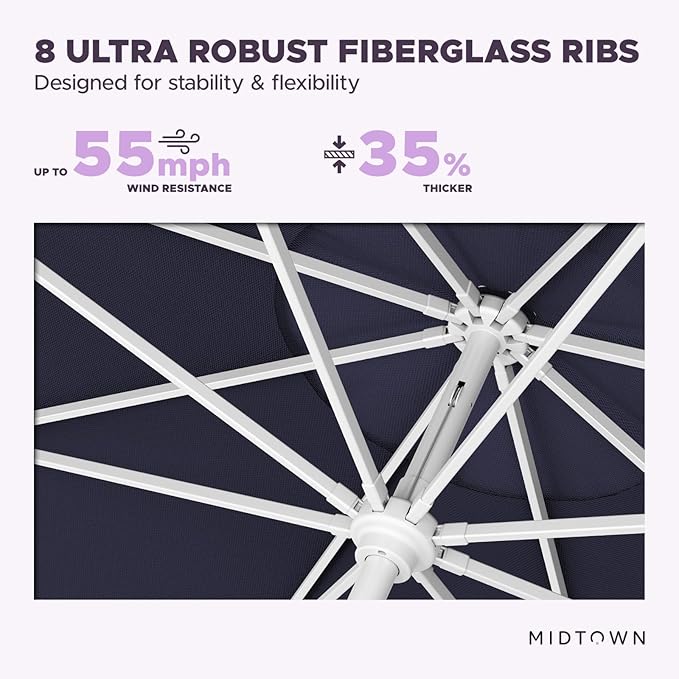 Midtown Umbrellas The Swilt 8 Feet Patio Umbrella in Terylast Navy (Navy Blue) Polyester Fabric - Fiberglass Ribs, Auto-Tilt Aluminum Frame For Backyard, Deck, Garden, Pool - White Pole