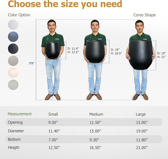 16.5" H x 15" D Corso Fiberstone Round Tapered Planter with Drainage Hole, Smooth Finishes, Weather Resistant for Indoor & Outdoor Use, Included 2 Extra Coco Mats (Black, 11.5" Pot Opening)