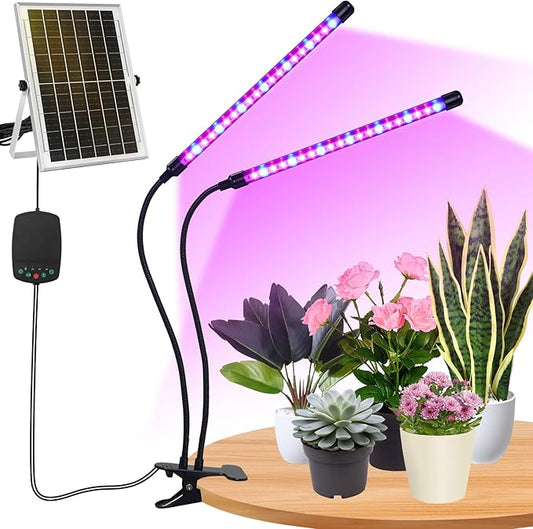 Auzev Solar Plant Grow Light Solar Clip On LED Growing Lamps for Indoor Plants Growth, with 16.4FT Cable, 3/6/9H Timer, 3 Spectral Modes, Flexible Gooseneck, Dimmable, Run Day/Night