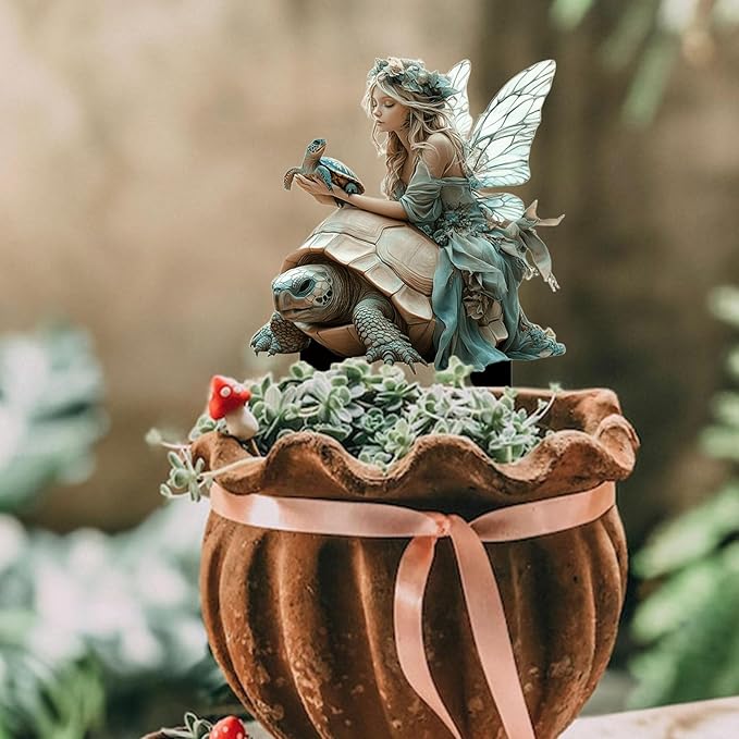 Fairy Garden Stake Decor, 2D Flat Acrylic Fairy Garden Decor Panel, Elf Yard Sign for Outdoor Indoor Yard Lawn Plants Pots, Fairy Garden Accessories (Fairy and Turtle)