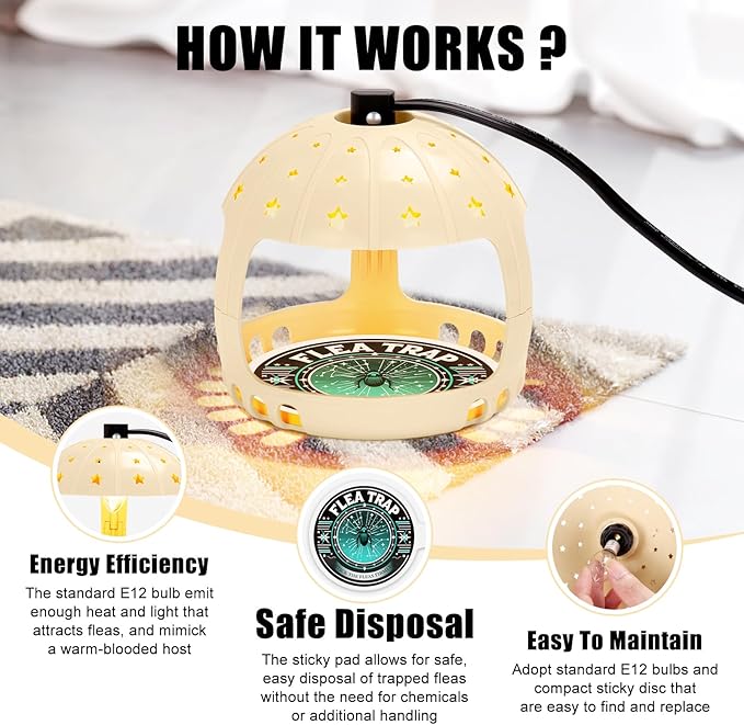 Flea Traps for Inside Your Home, 2025 Flea Treatment for Home, Electric Flea Killer for House Indoor, 2 Packs Flea Light Traps w/ E12 Bulbs & 10 Sticky Discs
