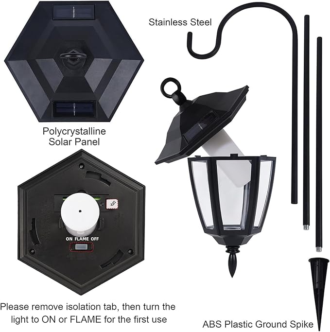 Dynaming 2 Pack Solar Halloween Flame Hanging Lights Outdoor, Flickering Flame LED Garden Lanterns with 2x38 Inch Shepherd Hooks, Landscape Lighting Waterproof for Lawn Yard Pathway Driveway, Purple