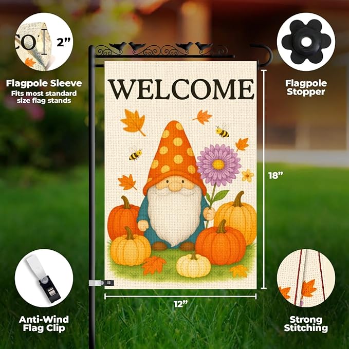 Fall Gnome Pumpkin Garden Flag 12x18 Double Sided – Burlap Front Yard Flag, Garden Flag Welcome, Weatherproof Farmhouse Outdoor Decor
