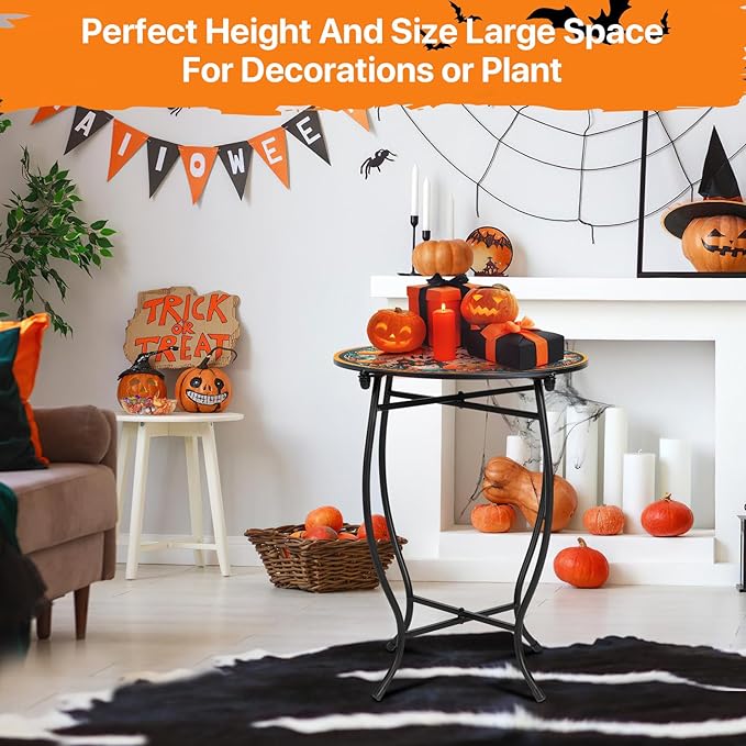 Round Side Table, Indoor Outdoor Small Side Table, Weather Resistant Metal Table for Livingroom Patio Balcony Yard Porch Garden, 17 Inch Heigh Patio Accent Table Plant Stand