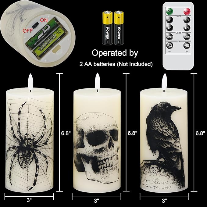 DRomance Halloween Flameless Candles Battery Operated with Remote and Timer, Real Wax 3D Wick LED Flickering Pillar Candles Skull Crow Spider Web Decals Dinner Halloween Decor(3 Pack, 3" D x 6" H)