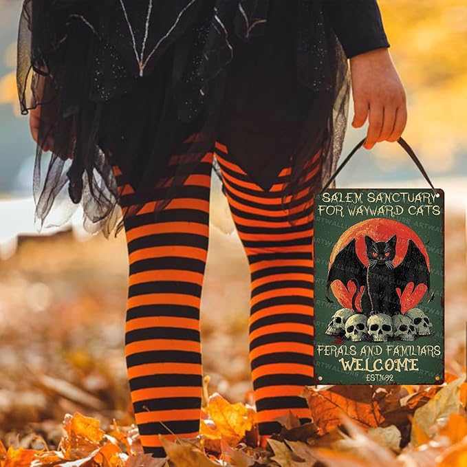 Salem Sanctuary Black Cat Metal Tin Sign Halloween Decor Vintage Gothic Decor Retro Wall Art Rustic Tin Plaque For Home Bar Cat Lovers 8x12inch