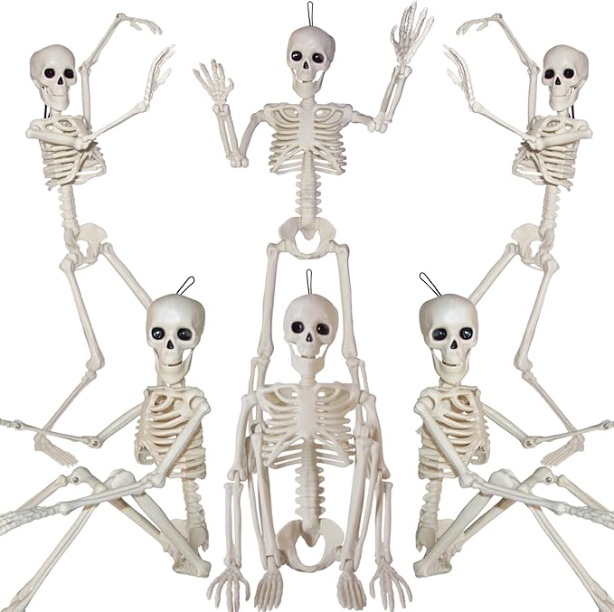 6PCS Halloween Skeleton Decorations Indoor Outdoor - 16" Full Skull Body with Movable Joint Skeleton for Halloween Indoor Outdoor Party Decor Spooky Scary Yard Lawn Garden Patio Haunted House