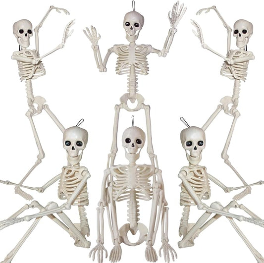 6PCS Halloween Skeleton Decorations Indoor Outdoor - 16" Full Skull Body with Movable Joint Skeleton for Halloween Indoor Outdoor Party Decor Spooky Scary Yard Lawn Garden Patio Haunted House