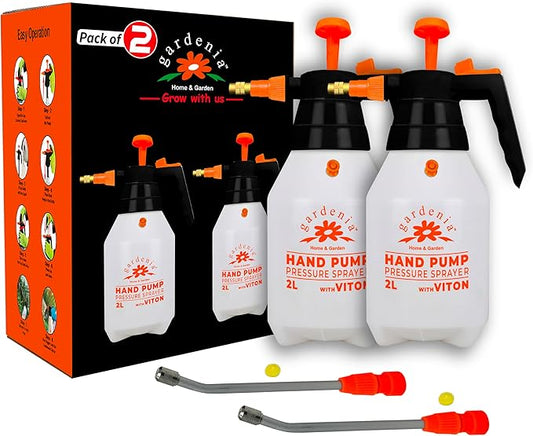 Handheld Pumping Sprayer Viton Seals Sprayers in Lawn and Garden, Spray Bottles for Cleaning Chemical Sprayer Continuous Spray Bottle for Plants 2 Pack 2L (0.53 Gal / 68oz)