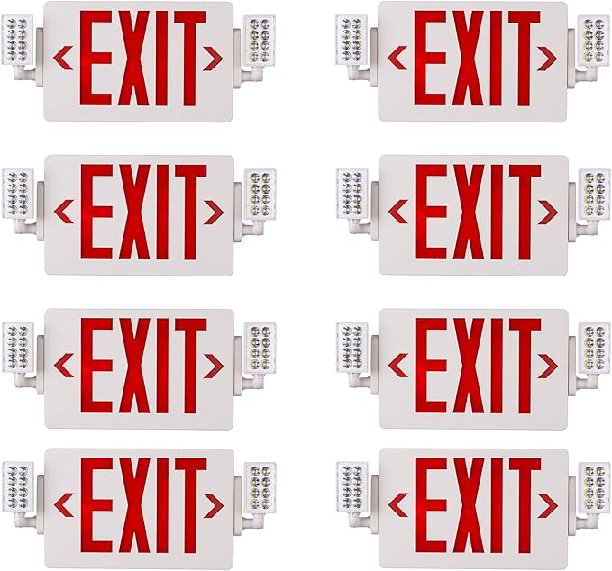 8 Packs UL Listed- Led Red Exit Sign Emergency Light Combo- Two LED Adjustable Head Emergency Exit Lights with Battery Backup- ABS Fire Resistance 120-277V-Double Face-Exit Sign for Business.
