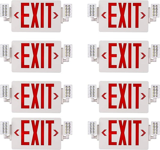 8 Packs UL Listed- Led Red Exit Sign Emergency Light Combo- Two LED Adjustable Head Emergency Exit Lights with Battery Backup- ABS Fire Resistance 120-277V-Double Face-Exit Sign for Business.