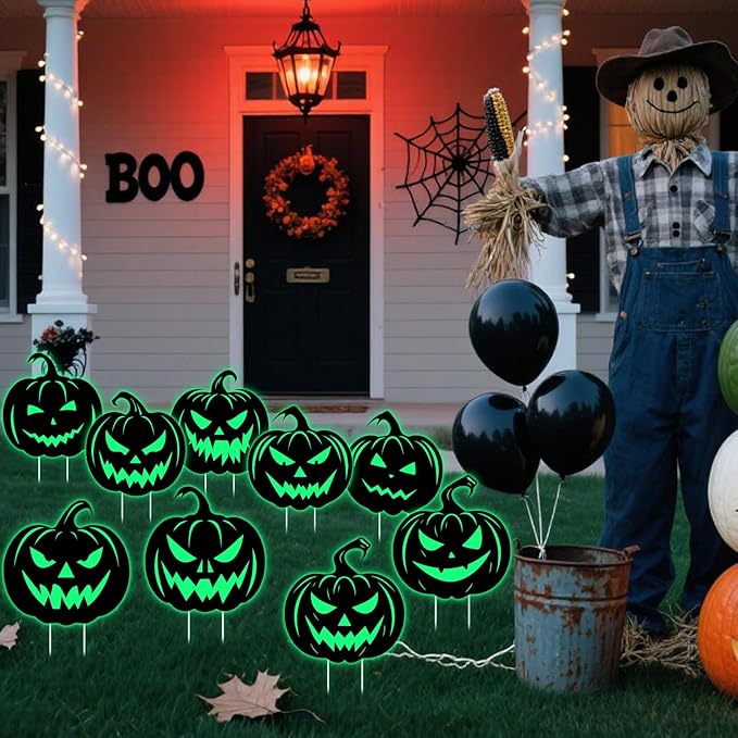 9 Pack Halloween Pumpkin Yard Sign with Stakes Glow in Dark Decorations Outdoor Silhouette Pumpkin Yard Signs Waterproof Outside Patio Lawn Decor for Home Halloween Party