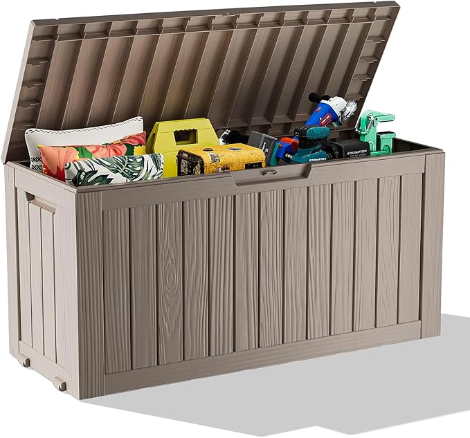 ROJIK Outdoor Storage Housing Deck Box - Waterproof Patio Furniture, Garden Tools, Cushions, Pool Accessories Storage Bench with Lockable Lid and Side Handles (Grey 78 Gal)