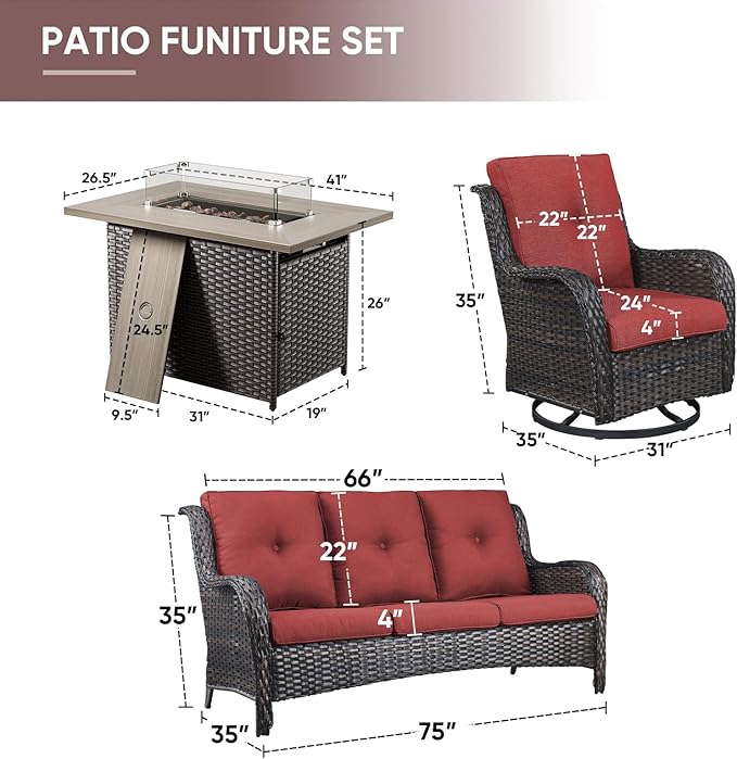 4 Piece Patio Furniture-with 50,000 BTU Gas Propane Fire Pit Table Outdoor Patio Furniture with Swivel Rocker Chairs,Outdoor Couch