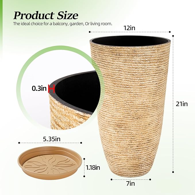 QCQHDU 9 Gallon Tall Large planters for Outdoor/Indoor Plants of 12" Dia x 21" H Round Flower Pots Set Faux Stone Finish Front Door Patio Square Porch Planters with Tray, Beige