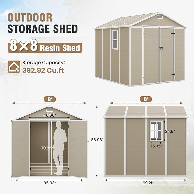 Outdoor Storage Shed, 8x8 FT Resin Shed with Floor and Lockable Door, Window & Vents, Tool Sheds & Outdoor Storage for Bike, Garden Accessories, Tools, Waterproof (Light Brown)