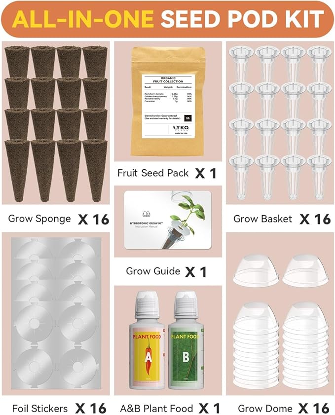 Fruits Seed Pod Kit for AeroGarden, Ahopegarden, iDoo, GARDENCUBE, MUFGA with Strawberry, Cucumber, Red/Golden Cherry Tomato, Compatible with All Indoor Hydroponics Growing System, 16-Pod