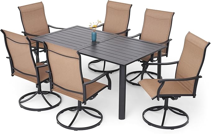 7-Piece Outdoor Dining Set, 6 Swivel Chairs & 63'' Rectangular Dining Table with All Weather Frame Furniture Set - Brown Style1