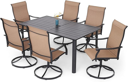 7-Piece Outdoor Dining Set, 6 Swivel Chairs & 63'' Rectangular Dining Table with All Weather Frame Furniture Set - Brown Style1
