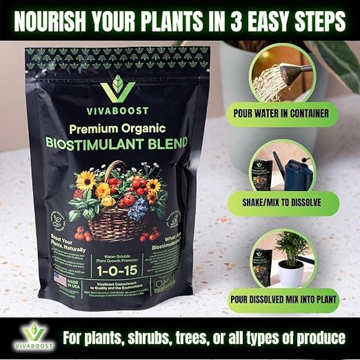 VivaBoost™ Premium Organic Biostimulant Blend, Made in USA, OMRI Listed Organic Fertilizer. Boost Vegetables, Blooms, and Indoor Plants. Fertilizer Booster, 1 Lb.