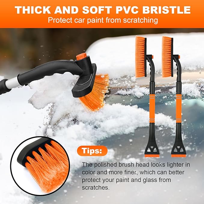 2 Pack Ice Scrapers for Car Windshield, 2-in-1 Snow Scraper and Snow Brush for Car SUV Truck, Car Ice Windshield Scraper for Ice and Snow with 360° Pivoting Brush and Ergonomic Foam Grip Orange