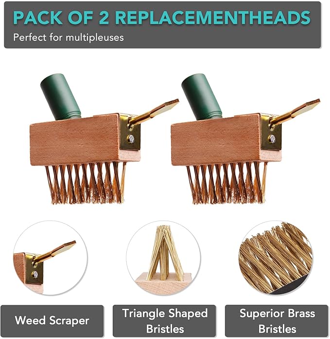 Extendable Weed Brush Telescopic Gardening Tool with Angled Wire Bristles, Spare Heads, and Weeder Scraper for Clearing Weeds, Moss, and Algae from Patios, Driveways, and Block Paving