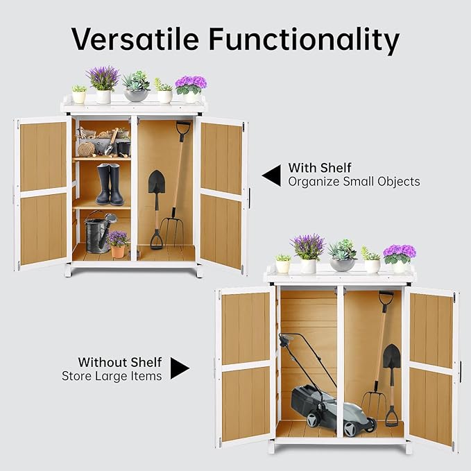 Potting Bench Outdoor Cabinet with Metal Tabletop, Wooden Storage Cabinets Weatherproof for Outside, Planting Work Benches with Adjustable Shelf, Doors for Garden Patio Lawn