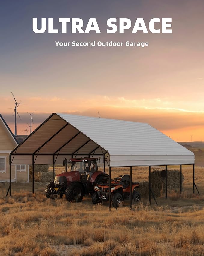 20x20x12.8 FT Metal Carport with Reinforced Frame, Galvanized Steel Roof & Enhanced Base Heavy Duty Car Ports for All-Weather Car Garage Shelter for Car, Truck, Pickup, SUV, Tractor, and Boat