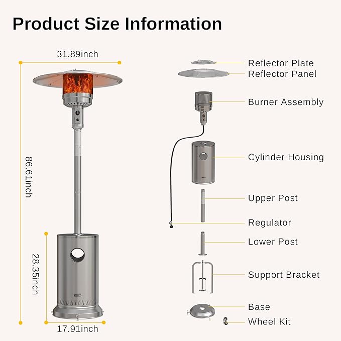 EAST OAK 48,000 BTU Patio Heater for Outdoor Use With Round Table Design, Double-Layer Stainless Steel Burner and Wheels, Outdoor Patio Heater for Home and Commercial, Stainless Steel