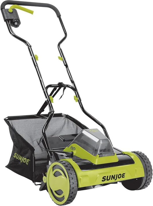 Sun Joe Cordless Push Reel Lawn Mower, 15” Yard Trimmer w/ 11.9-Gal Bag, 24V, Black/Green - Heavy-Duty Gardening Machine and Equipment for Grass, Backyard, Garden, and Patio