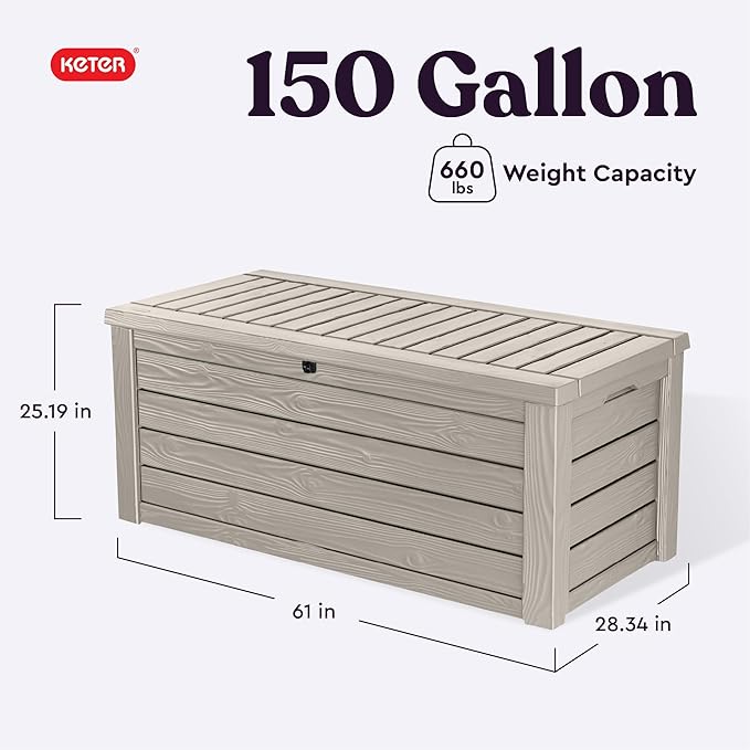 Keter Westwood 150 Gallon Resin Large Outdoor Storage Box for Patio Furniture, Outdoor Cushions, Garden Tools and Pool Floats, Beige