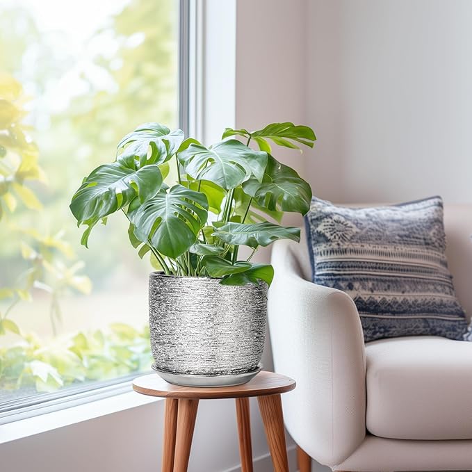 Ceramic Pot for Plants 8 Inch - Ceramic Flower Pot Indoor with Drainage Hole and Saucer, Decorative Round Indoor Planter, Plant Lover Gifts, Patio Home Office House Decor, Silver