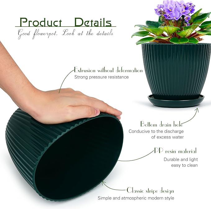 Plant Pots Indoor with Saucers & Drainage - 6 Pack Flower Pots - Plastic Planters for Indoor Planter - 7.5/6.6/5.8/5.0/4.3/3.5 inches Sizes for All Different Types of Plants-Dark Green