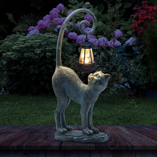 Halloween Decorations Outdoor Cat Garden Statues with Solar Lights, Fall Home Decor Cat Figurines for Lawn,Patio,Balcony,Porch,Yard Art Ornament- Birthday Gifts for Women Grandma Sister