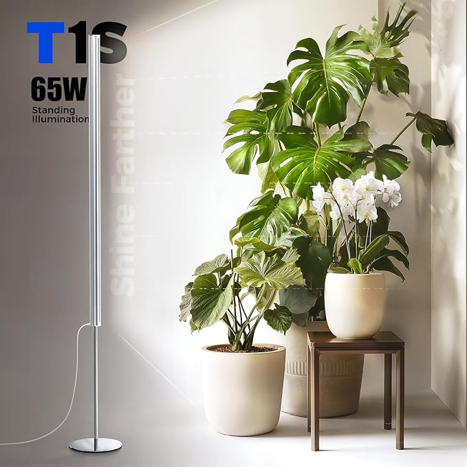 Barrina T1S Standing Grow Light for Indoor Plants with Timer, 65W 5000K High PPFD Tera Series Vertical Full Spectrum Grow Lights Adjustable Height 5FT-5.6FT, Foot Switch, Non-Glare Design, Silver