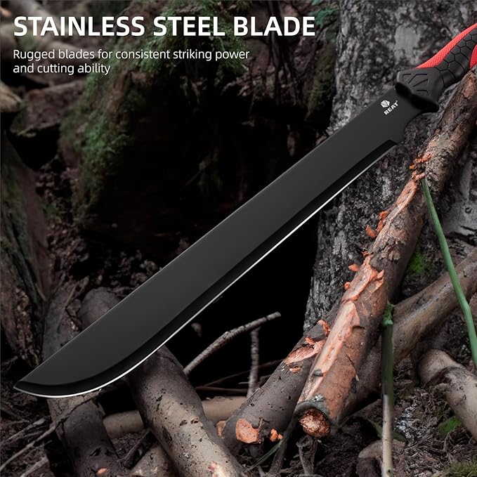 REAT Gardening Heavy Duty Machete,24" Full Tang Machete with Shaeth,Ergonomic No-Slip Handle,Machetes for Bushcraft, Outdoor Hunting, Garden Cutting Trees and Yard Work (Red)