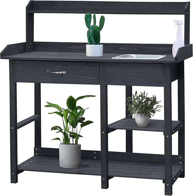 BlueWish Potting Bench, Potting Benches for Outside with Fir Wood Frame, Removable Sink, Three Hooks, Potting Table for All Weather