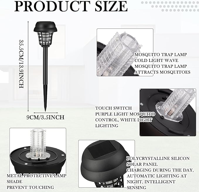 Qualirey 4 Pcs Solar Bug Zapper Waterproof Outdoor Mosquito Zapper Killer and Lighting Repellent Lamp for Indoor Outdoor Use Garden Patio, Purple and White Light(Plastic,Retro Black)