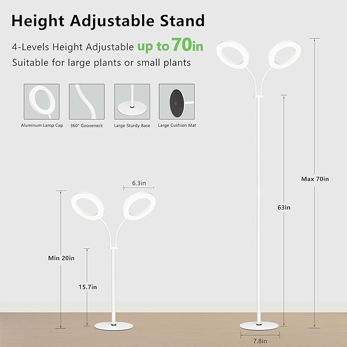 Grow Light for Indoor Plants, Full Spectrum LED Halo Plant Lights with Stand, Floor Standing Growing Lamp with Adjustable Height,Auto Timer for Tall Large Plant