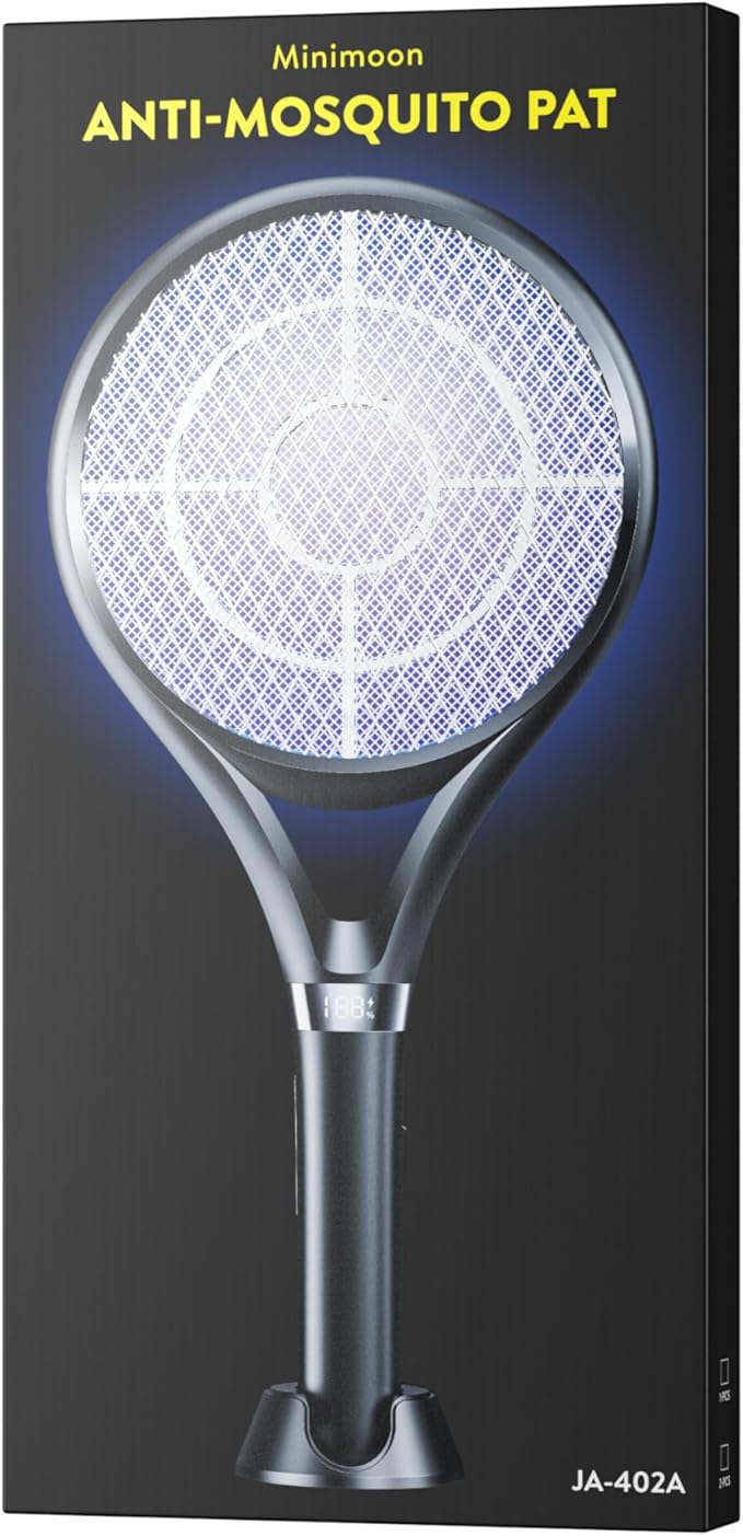 Minimoon Electric Fly Swatter with LED Display, 2000mAh Rechargeable Fly Swatter Racket, 2500V Bug Zapper Racket Dual Modes, Mosquito Killer Lamp with 3 Layers Safety Mesh for Indoor Outdoor Camping
