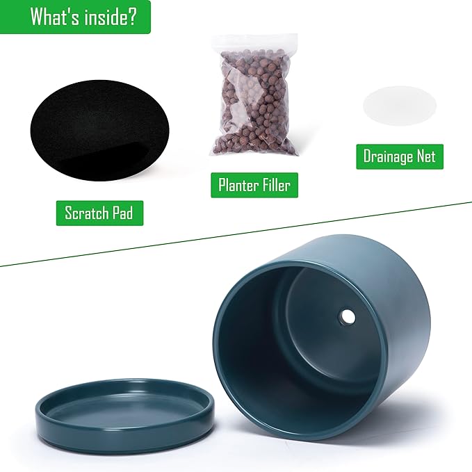 D'vine Dev 4.7 Inch & 6.5 Inch Ceramic Planter Pots for Plants with Drainage Hole and Saucer, Small Plant Pots Set, Teal, 94-G-S-9