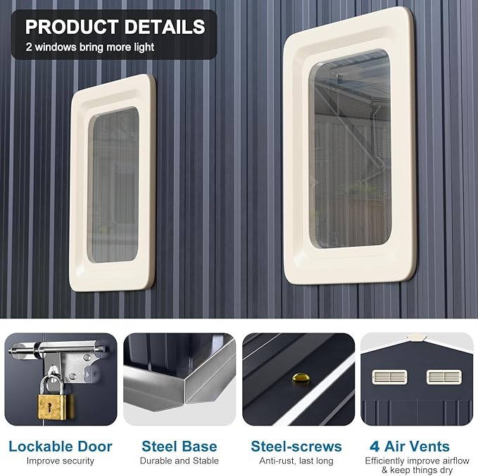 Restland 10x10 FT Outdoor Storage Shed with Floor Base Frame Reinforced Metal Shed with Clear Roof, Air Vent & Lockable Door Large Garden Tool Storage Sheds for Backyard, Garden, Lawn