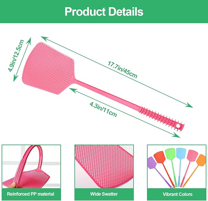 6 Pack Heavy Duty Fly Swatters, Extra Long 17.7in Plastic Bug Swatter with Non-Slip Handle – Indoor/Outdoor Manual Insect Tool, Durable & Reusable (Colorful)