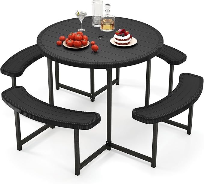 Giantex Picnic Table Bench Set for 4-8 Person, Round 37” Outdoor Dining Table w/Umbrella Hole, HDPE Tabletop, Metal Frame, Patio Furniture Set for Backyard Porch Lawn, 1400lb Capacity (Black,Round)