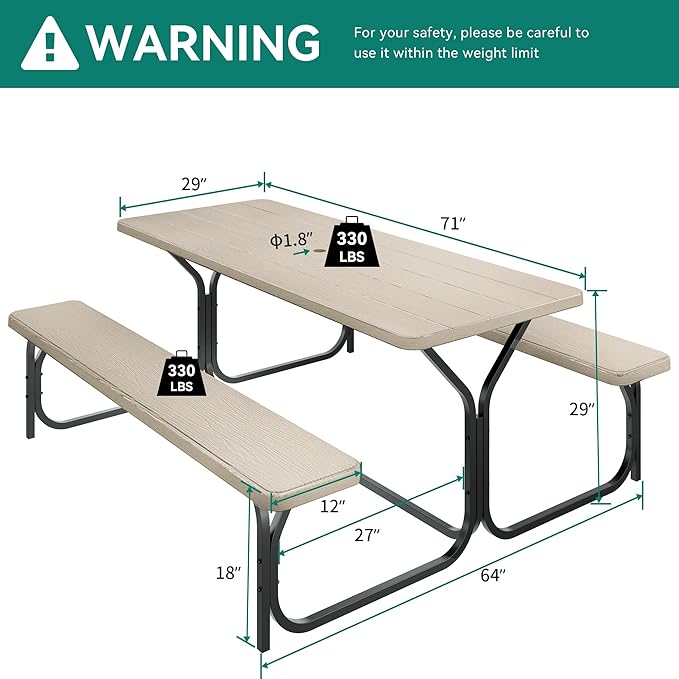 YITAHOME 6ft Outdoor Picnic Table with Wood-Like Tabletop, Sturdy Steel Frame and Umbrella Opening, Heavy Duty Picnic Table Ideal for Yard, Patio, Lawn Gatherings, Light Brown
